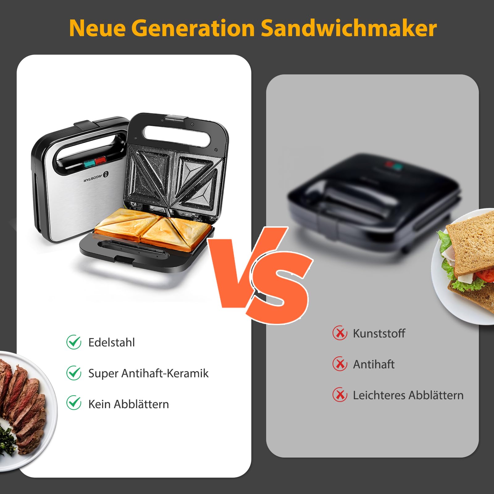 Aigostar Sandwichmaker für 2 Sandwiches, Sandwichtoaster mit Antihaft-Keramikbeschichtung, automatische Temperaturregelung 180-200℃, Kontrollleuchten, Cool-Touch-Griff, 750W, Edelstahl/Schwarz 4