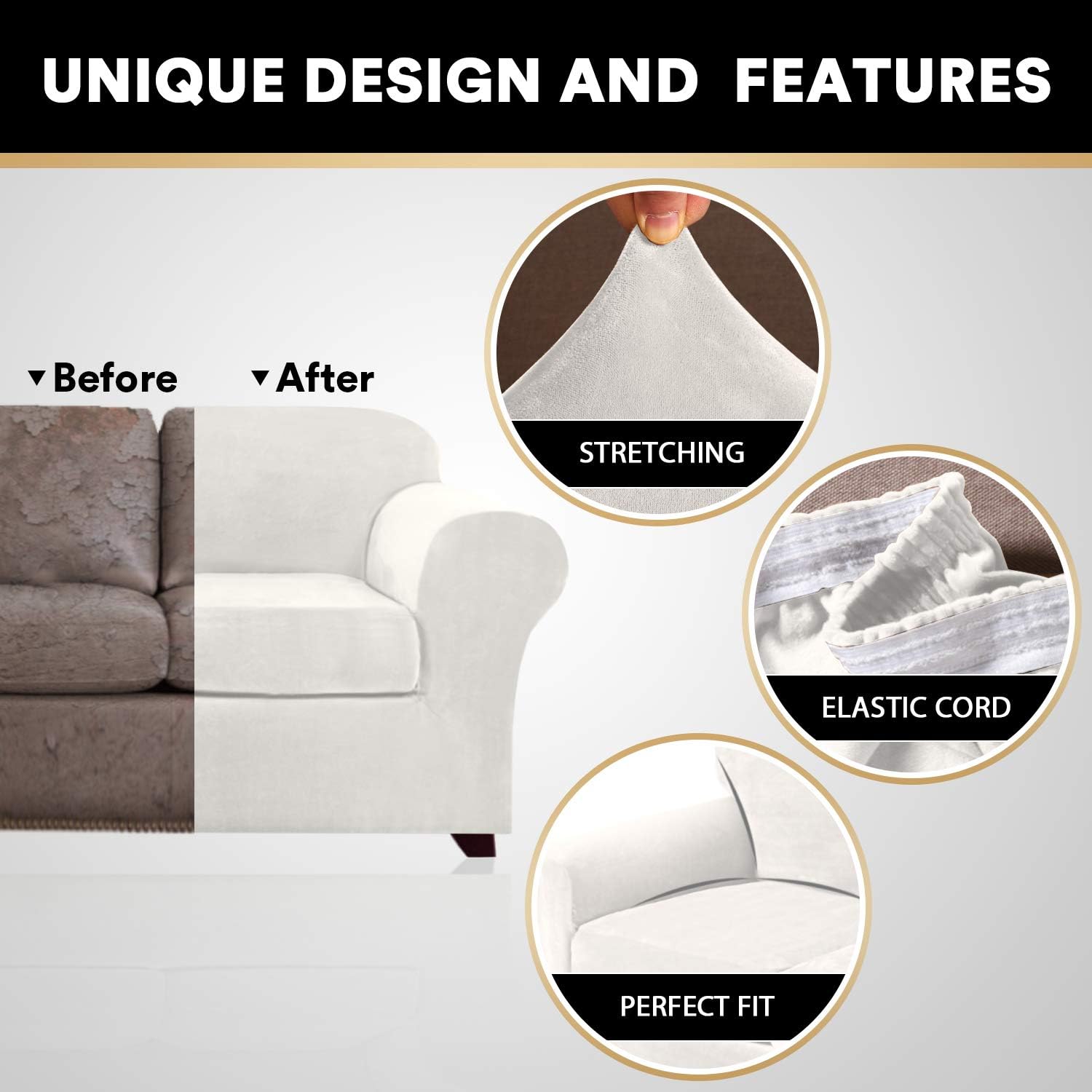 3 Pieces Sofa Covers Stretch Velvet Couch Covers for 2 Cushion Sofa Slipcovers Soft Sofa Slip Covers with 2 Non Slip Straps Furniture Covers with 2 Individual Seat Cushion Covers (Loveseat, Off White): Home & Kitchen