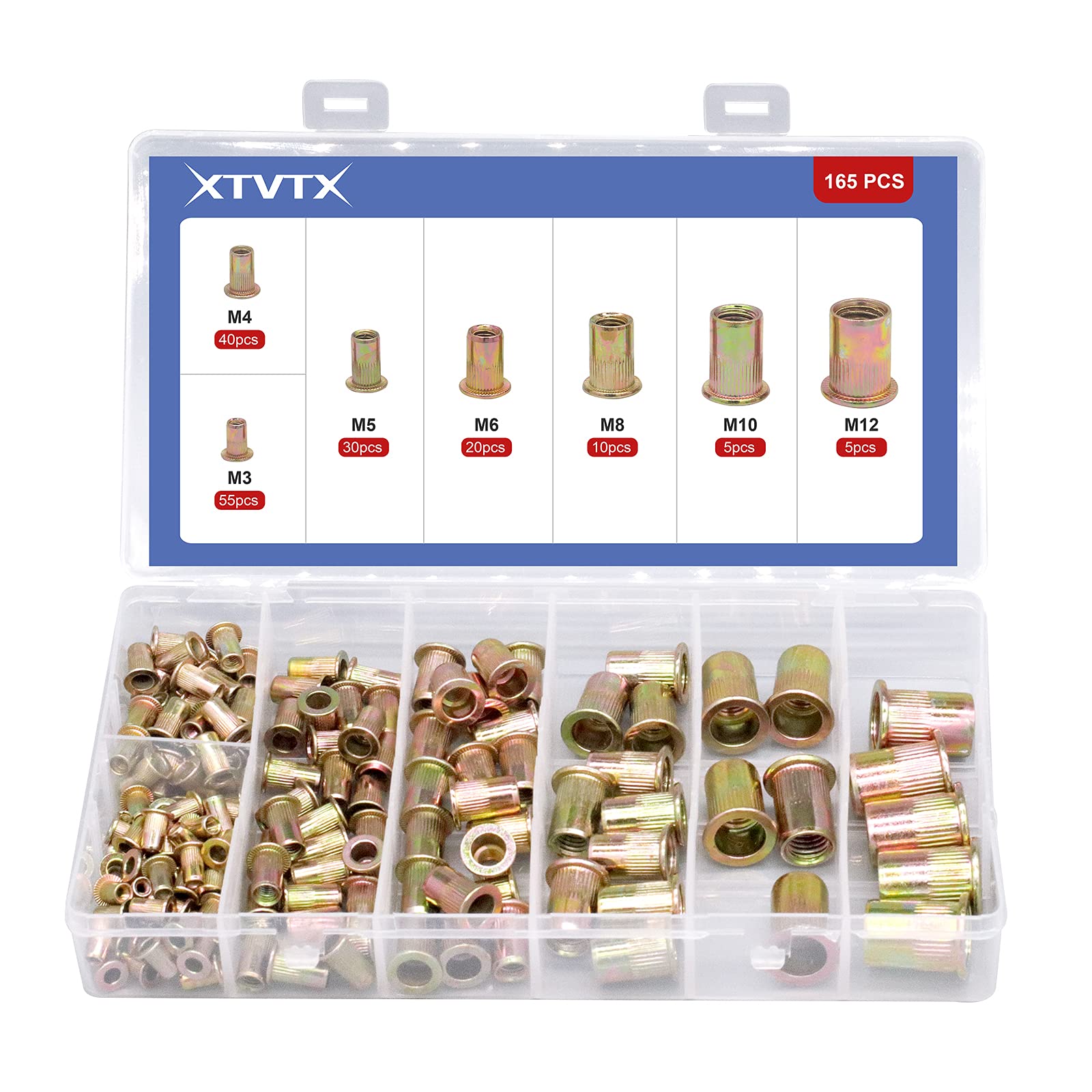 XTVTX 165pcs Zinc Mixed Plated Carbon Steel Rivet Nuts Threaded Insert Nuts Kit Nutsert M3 M4 M5 M6 M8 M10 M12