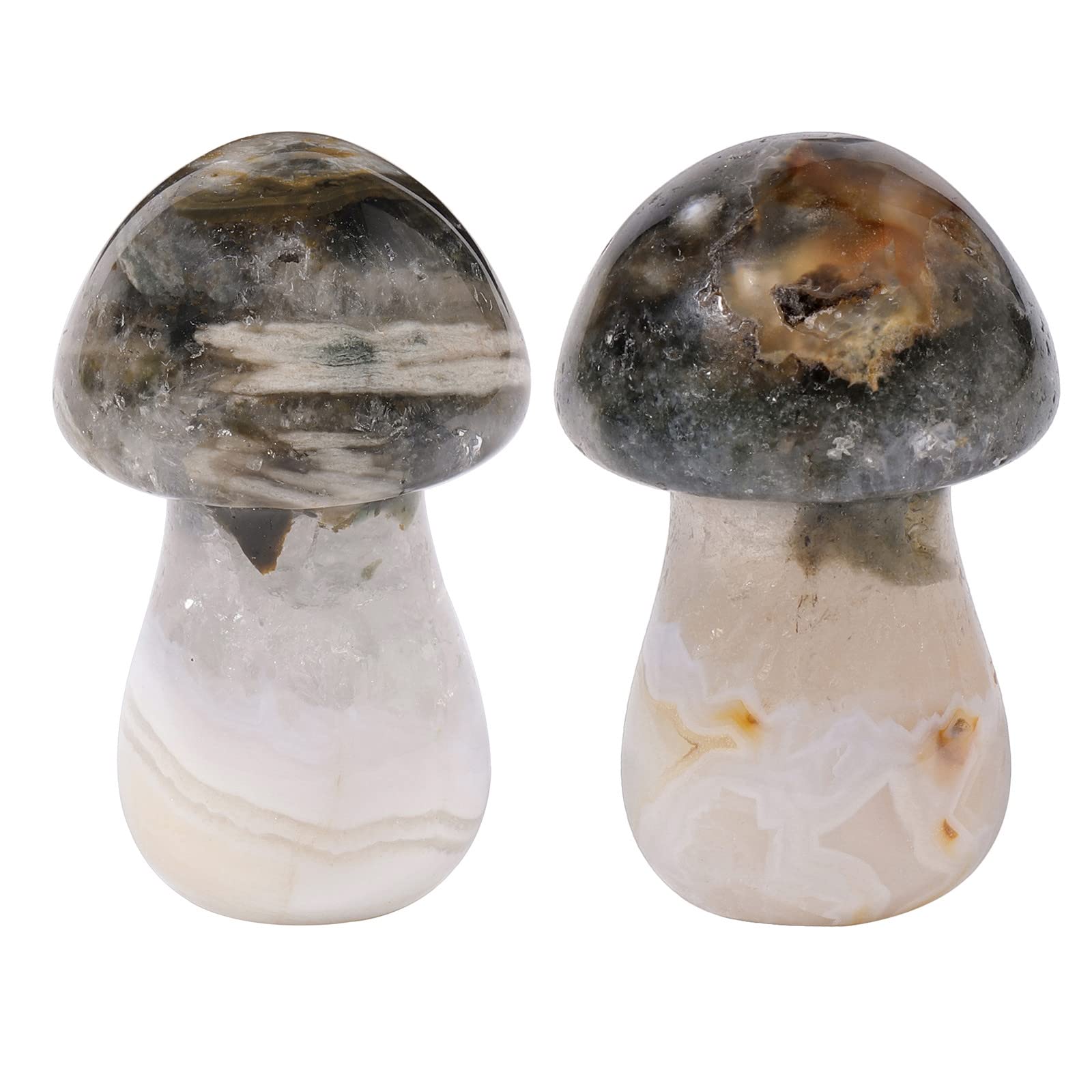 Nupuyai 2pcs Ocean Jasper Mini Crystal Stone Statue Carved Quartz Mashroom Decor, Energy Healing Polished Stone Figurine