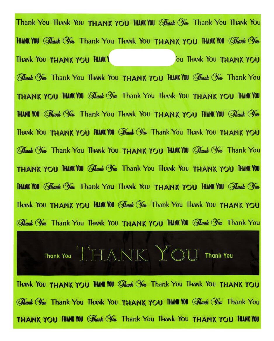 12x15 Lime Green"Thank You" Die Cut Handle Plastic Bags 50/cs