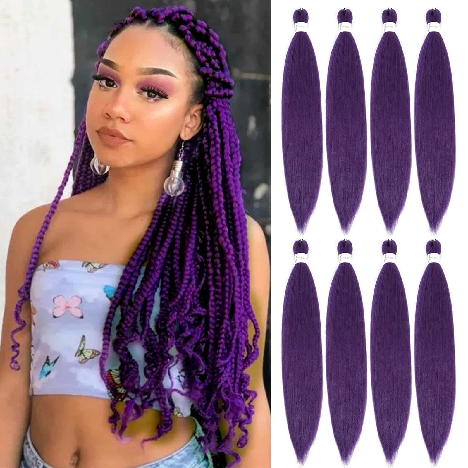 Purple Prestretched Braiding Hair, 26 Inch 8 Pack