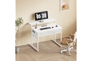 Maihail Small Desk with Drawers, 31.5X15.8-22.9 Inches Office Computer Desk with Side Pocket & Ergonomic Adjustable Monitor S