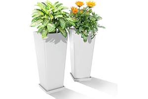 YESUNEED 24-Inch Tall Planters Set of 2 for Outdoor and Indoor Use, Tapered Flower Pots with Drainage Tray, Front Porch and Patio Decor, Ideal for Large Plants – White