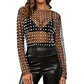 Naileksi Women Pearl Rhinestone Sheer Mesh Crop Top Sexy See Through Long Sleeve Slim Fit Cropped Blouse Shirt Clubwear