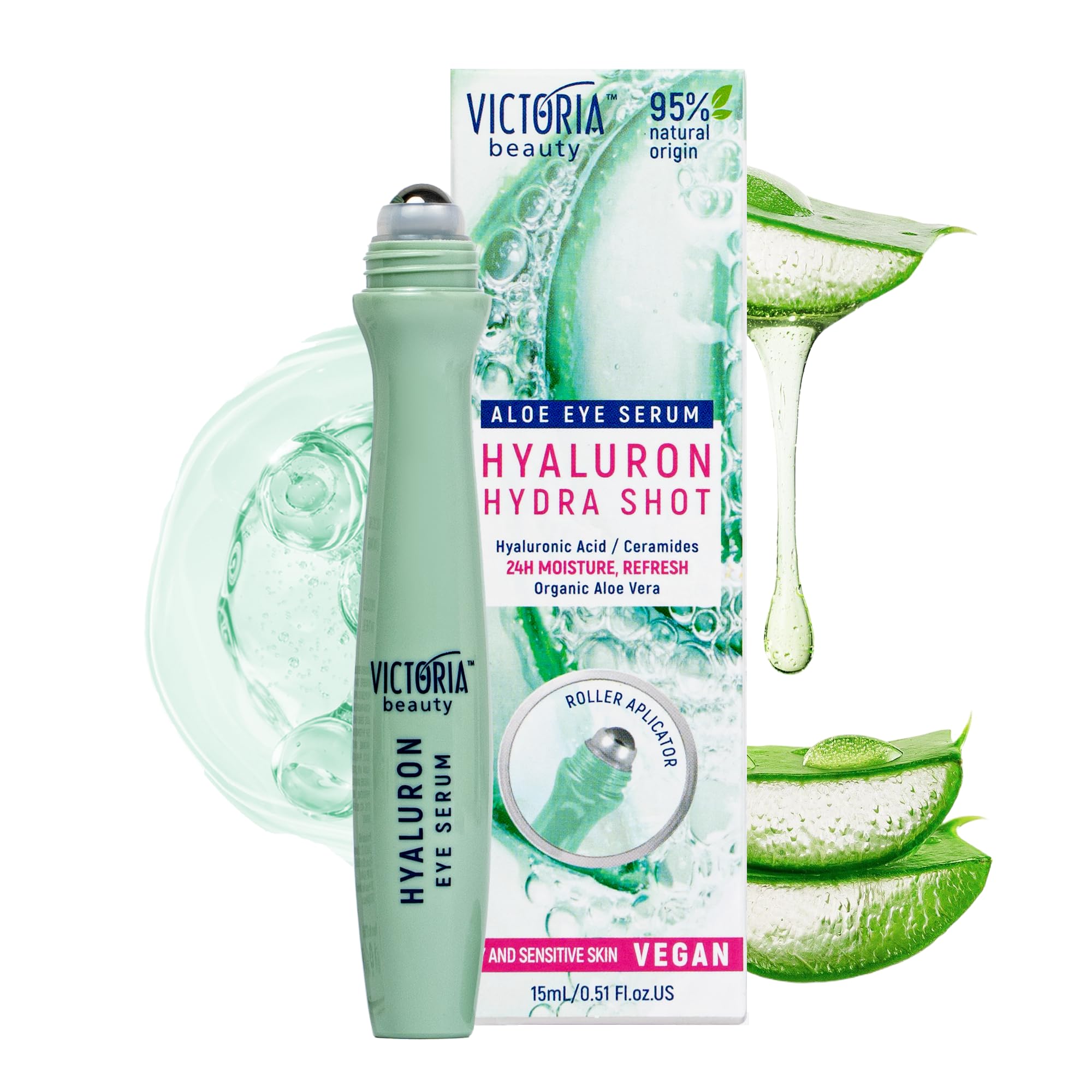 Victoria Beauty Eye Serum Roller with Niacinamide, Hyaluronic Acid, Polyglutamic Acid and Aloe - for Dark Circles, Puffy Eyes, Eye Bags and Wrinkles - 95% Natural, 15ml