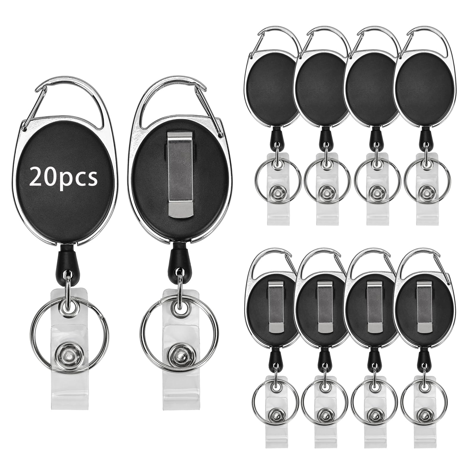 20 Pack Heavy Duty Retractable Badge Reels Batch Holder Name ID Badge Clips Keychain Badge Holder Key Card Retractable Holder Reel Clip for Office Worker Doctor Nurse Employee (Black)