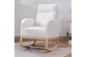 Krinana Nursery Rocking Chair with Solid Wood Legs, Glider Chair for Nursery with Two Side Pockets, Rocker Armchair for Living Room Bedroom (White, Teddy Fabric)