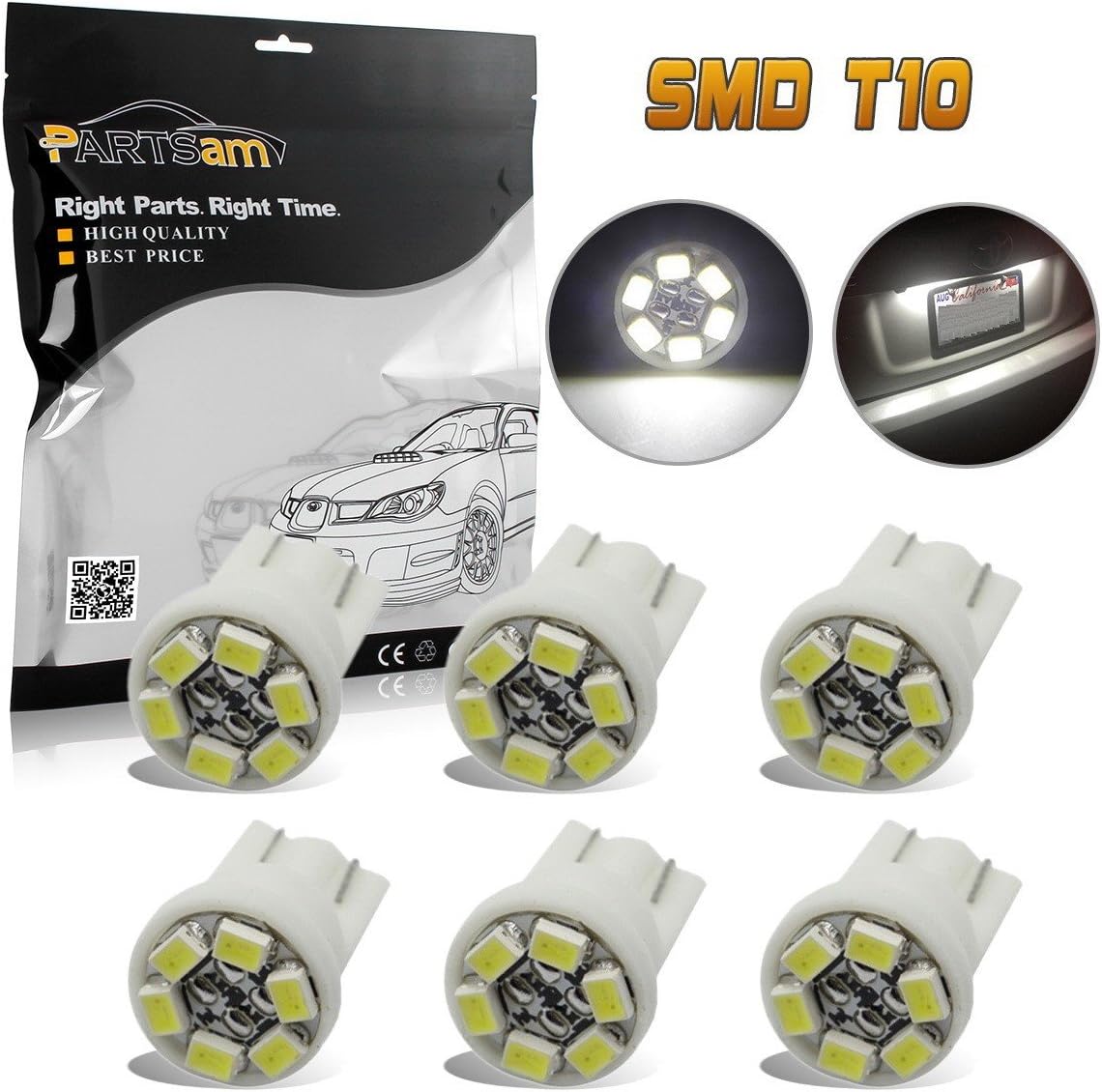Partsam 6pcs T10 Wedge License Plate Frame Tag Light White 6-SMD LED Bulb 168 194 2825