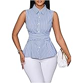 SOLY HUX Women's Striped Button Down Shirts Collared Sleeveless Bow Tie Peplum Casual Work Blouse Tops