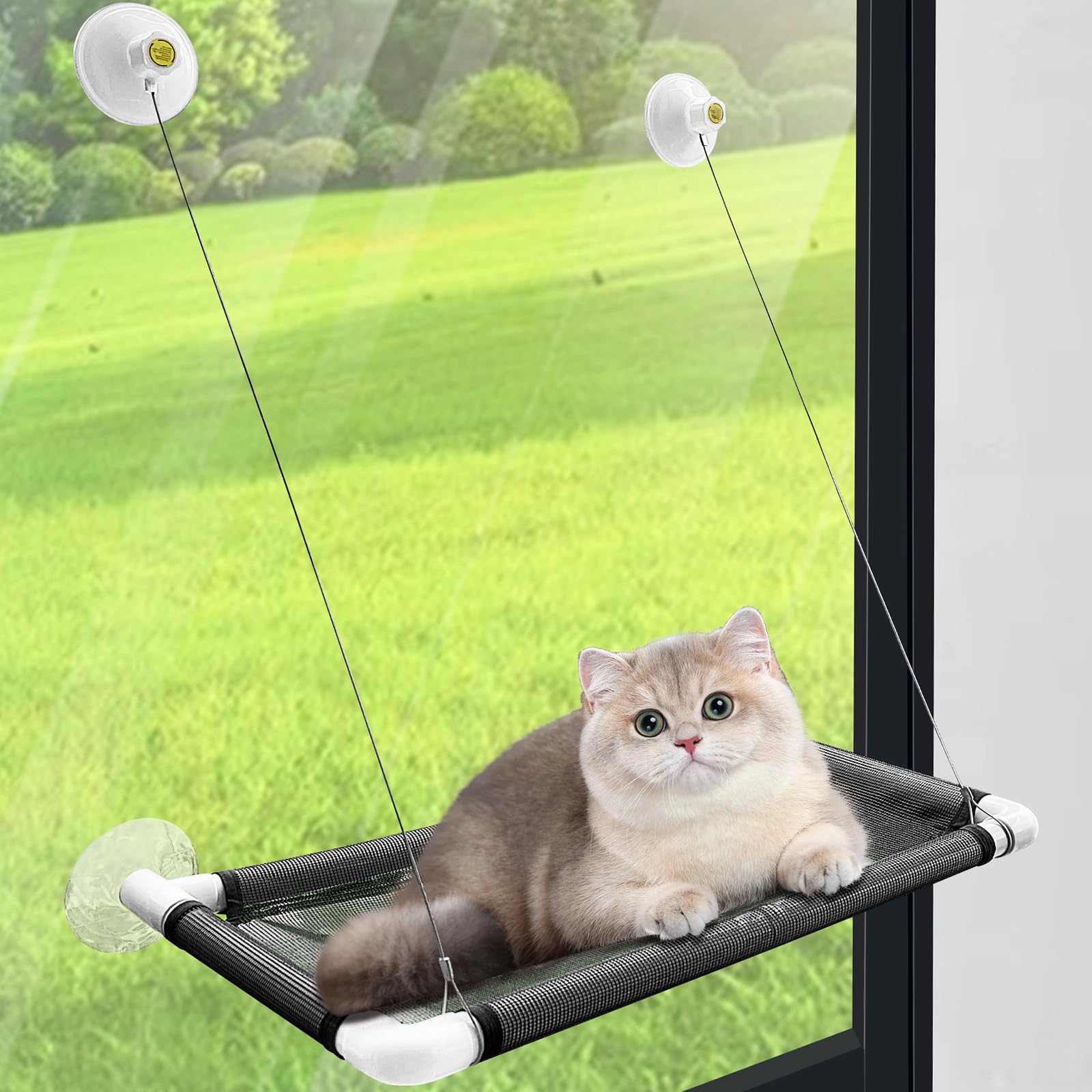 VVFLED Cat Window Perch, Sturdy Cat Window Hammock with Powerful Suction Cup Hold up to 18kg, Safety Hanging Pet Bed Sunbathing Seat for Dogs, Indoor Cats (Black)