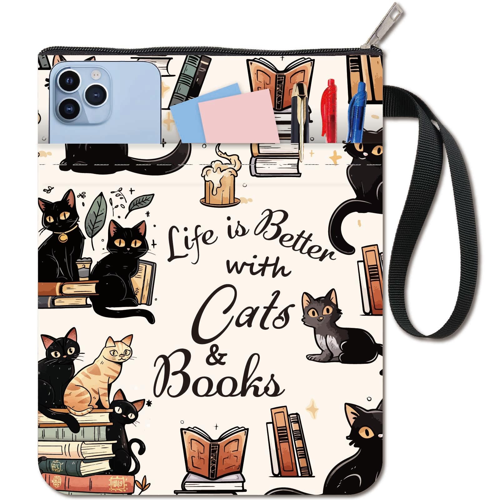 CRASPIRE Cat Words Book Cover Book Protector for Paperbacks Washable Fabric Cloth with Zipper and Extra Sleeve Pocket for Book Lovers Classmate Gifts