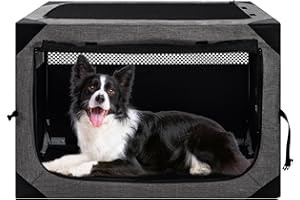POUDEE 36X25X25 Inch Dog Crate, Large Dog Crate for Large or Medium Dogs, Portable and Foldable Design of Dog Cage, Perfect for Travel or Home Use, Dog Kennel with 3-Door and Durable Mesh Windows, Grey