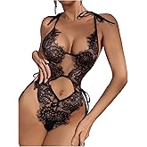 SHENHE Women's Lace Bodysuit Lingerie Butterfly Back Tie Sheer Teddy Lingerie One Piece Body Suit