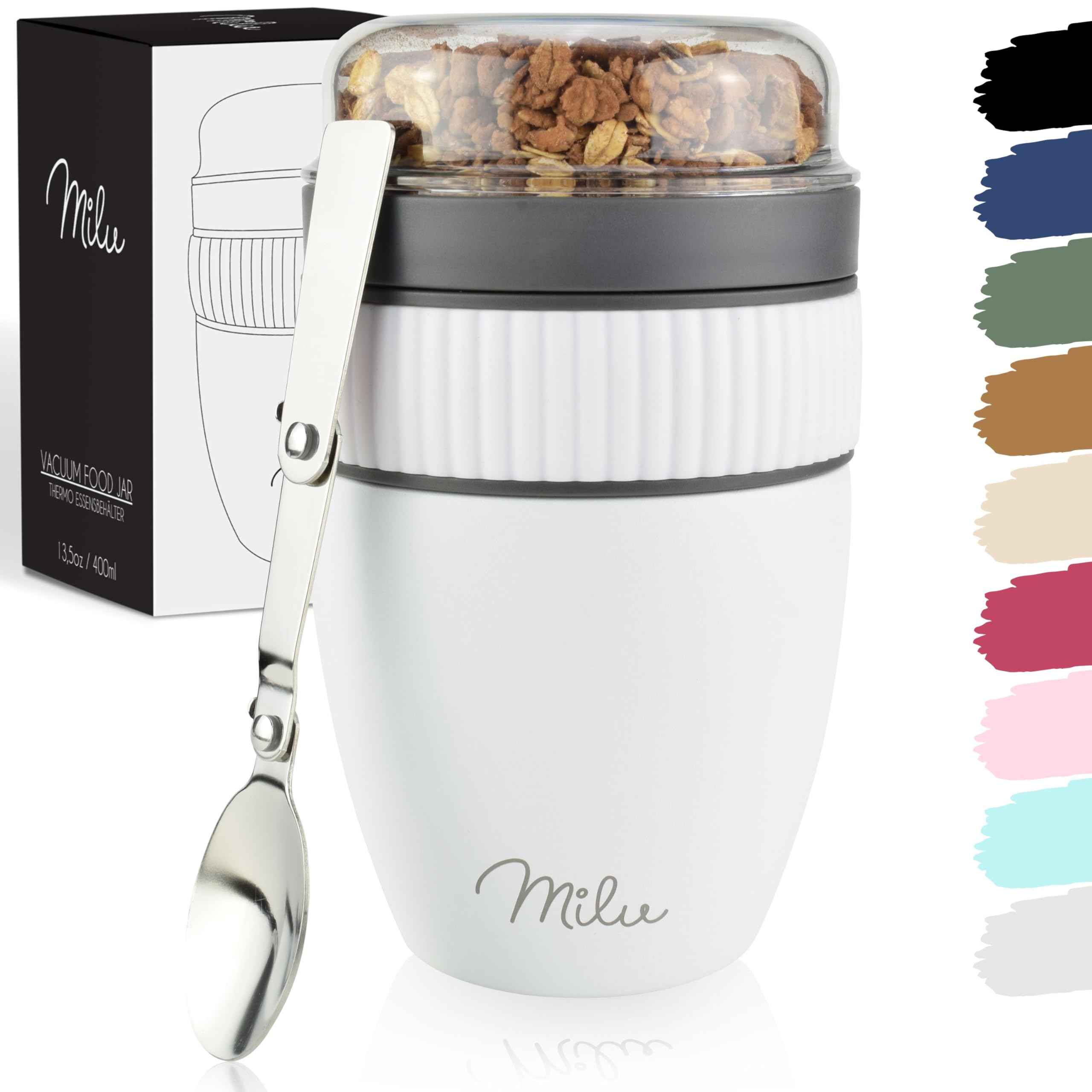 Milu Cereal Cup to go 400ml I insulated yoghurt cup for muesli I leak-proof cup with spoon for yoghurt/porridge (White)