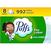Puffs Plus Lotion Facial Tissues, 8 Family Boxes, 124 Facial Tissues per Box, Allergies and Colds