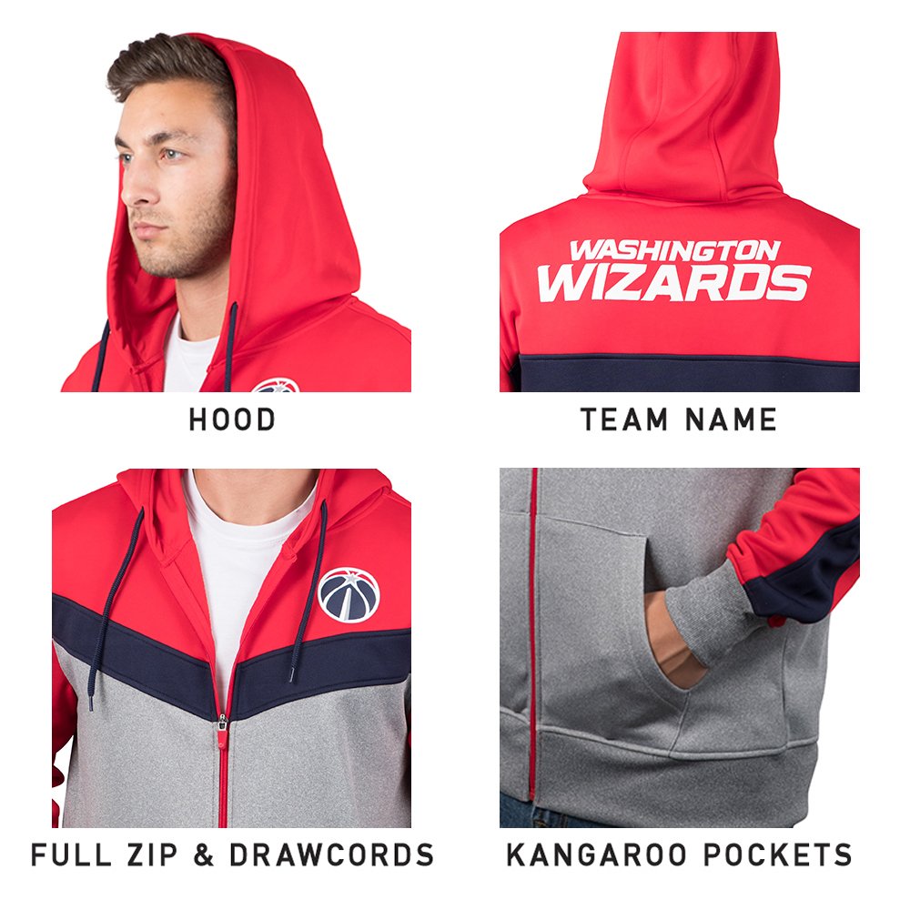 Ultra Game NBA Official Mens Contrast Back Cut Full Zip Hoodie Sweatshirt - Unisex, Washington Wizards, Team Color, Small