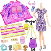 K.T. Fancy 11.5 Inch Doll Travel Camping Tent Accessories | 18 Pcs Camping Set;Tent Clothes, Backpack, Toy Dog, Placemat, Toy Phone, Glasses (Doll Not Included)