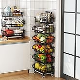 Piggy-G Fruit Vegetable Storage Basket with Wheels Kitchen Rack 6-Tier Stackable Floor-Standing Movable Organizer Household Snack Shelf for Living Room Dressers Stand