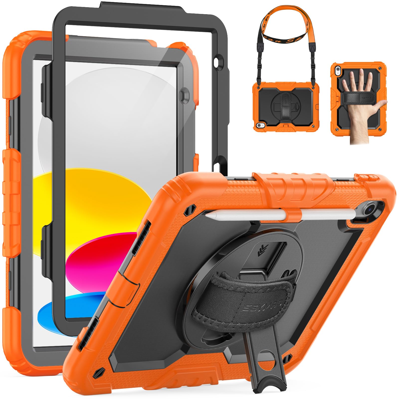 SEYMAC Case for iPad A16 11th/10th Generation 2025/2022 11inch/10.9inch, Heavy Duty Shockproof with Screen Protector, 360° Rotating Stand/Hand Strap/Pencil Holder for iPad 11 Cover, Orange
