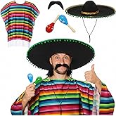 Unittype 6 Pcs Mxeican Costume Set Sombrero Hat Serape Poncho Mustache Maracas Fiesta Outfit Mexco Accessories