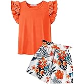 Arshiner Girls 2 Piece Outfits Summer Clothes Ruffle Short Sleeve Shirts Top and High Waist Paper Bag Shorts Set with Pockets