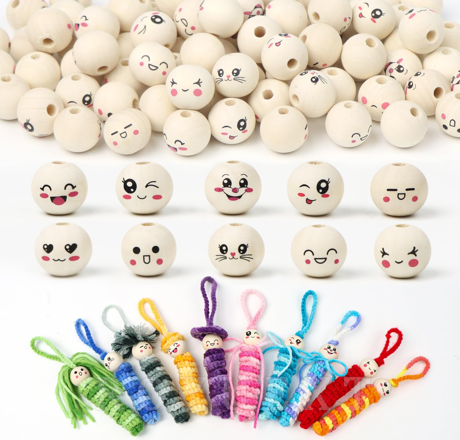 ROYUEXT 100 Pcs Wooden Beads Smile Face 20mm Round Natural Wooden Beads, 10 Styles for Jewelry Making Crafts DIY