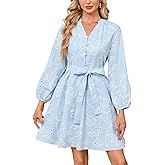 YEXPINE Boho Mini Dress for Women 3/4 Sleeve Eyelet Lace Hollow Out Tunic Dress V Neck A Line Short Dresses with Pockets