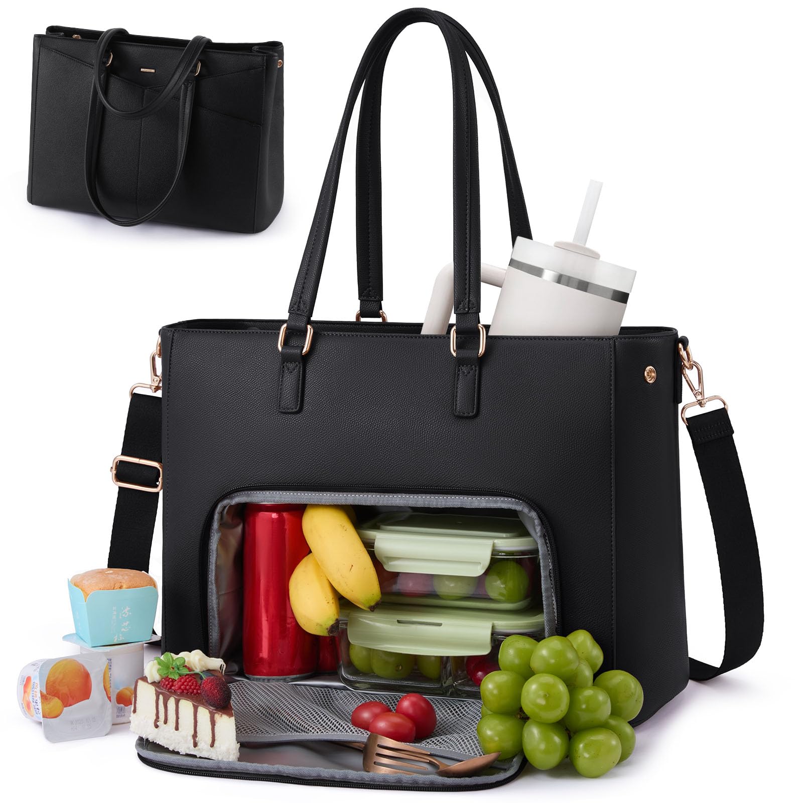 Photo 1 of LOVEVOOK Lunch Tote Bag for Women, 3 in 1 Work Bag with Insulated Lunch Compartment, Laptop Bag with Large Cup Holder for Office, College, Casual, Black