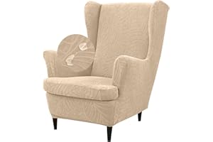 HFCNMY Wingback Chair Covers,2 Pieces Water Repellent Wingback Chair Slipcover Thick Wing Back Chair Covers Slipcover with Arms Wing Back Chair Slipcovers with Elastic Bottom Beige