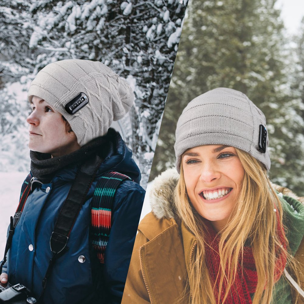 LC-dolida Bluetooth Wireless Music Beanie Hat Women Men Knitted Hat Cap with Microphone Stereo Headphones Headset HandsFree for Winter Outdoor Sports, Built-in Mic Grey