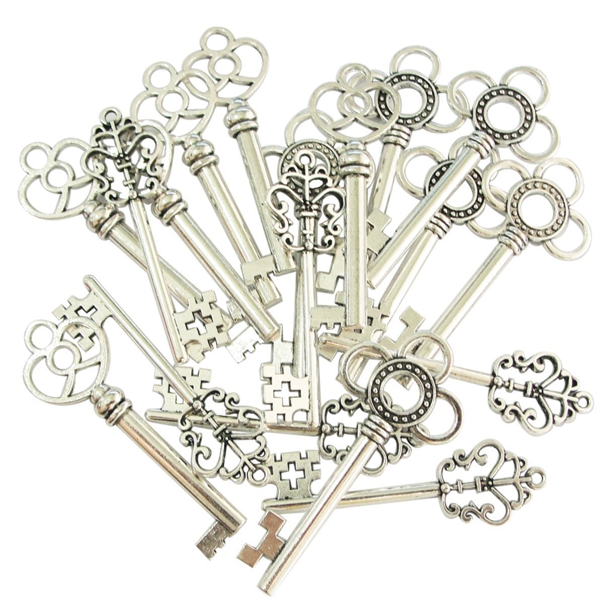 (Set of 30) Mixed Vintage Old Look Skeleton Keys Fancy Heart Bow Necklace Pendants (Silver)