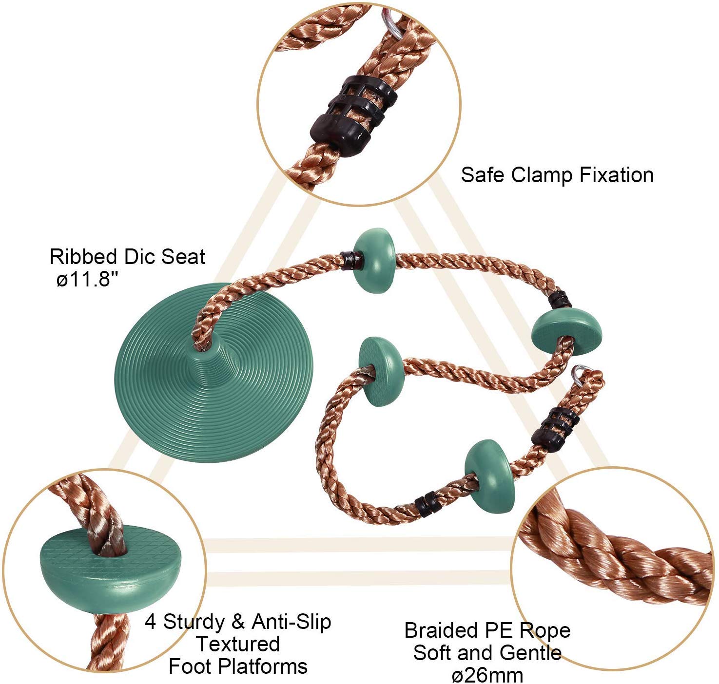 RedSwing Climbing Rope Swing for Trees, Heavy Duty Plastic Disc Swing Seat for Kids and Adults with Hanging Strap and Snap Hooks,Green