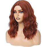BEAUTIFA Auburn Wig for Women, Wavy Curly Auburn Bob Wigs Middle Part 14 Inch Shoulder Length Heat Resistant Synthetic Colorful Wig