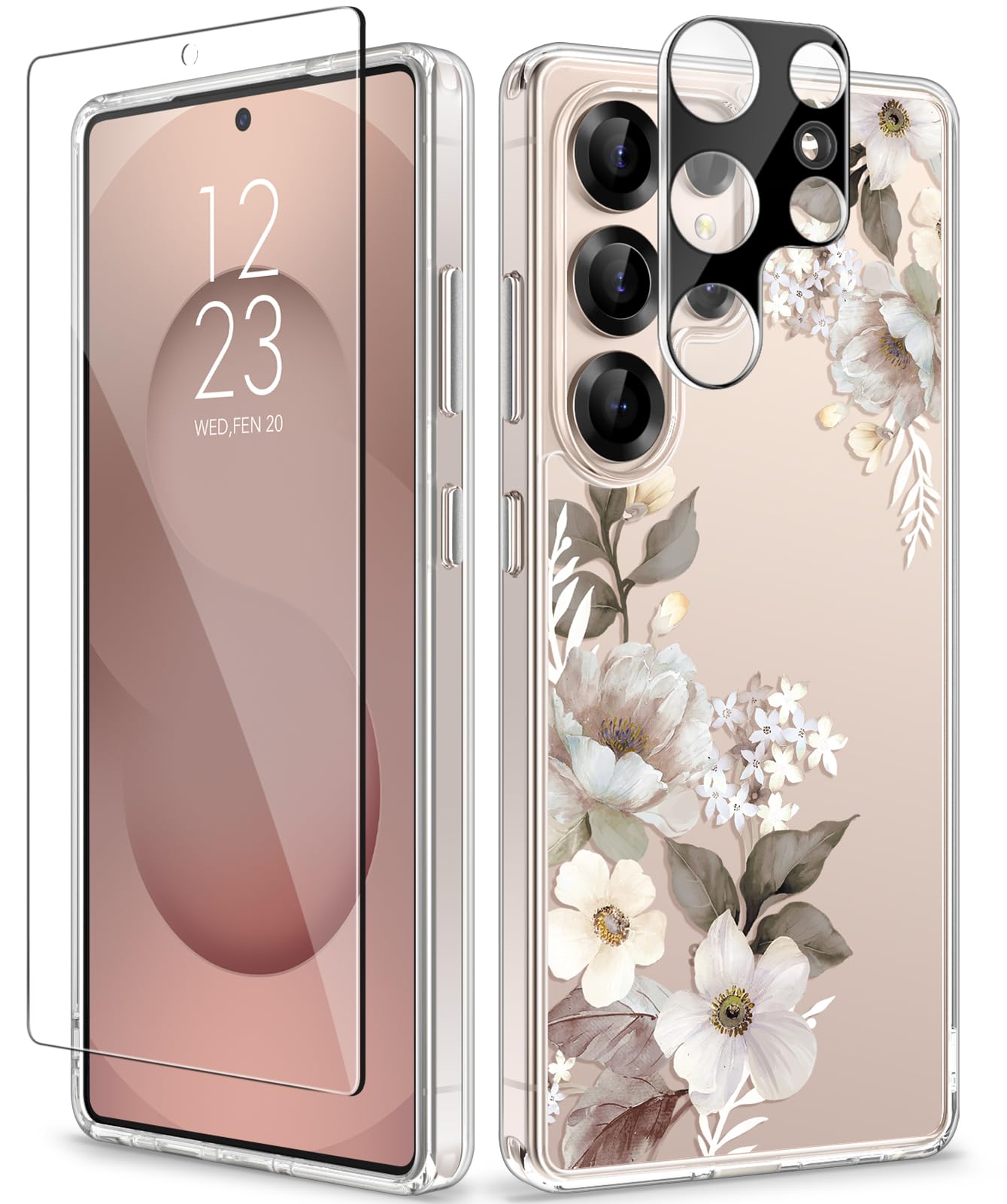 GVIEWIN for Samsung Galaxy S25 Ultra Case, Clear Floral Slim Shockproof Protective Women Phone Case, Non-Yellowing, with Screen Protector & Camera Lens Protector for S25 Ultra 6.9", Delphinium/Grey