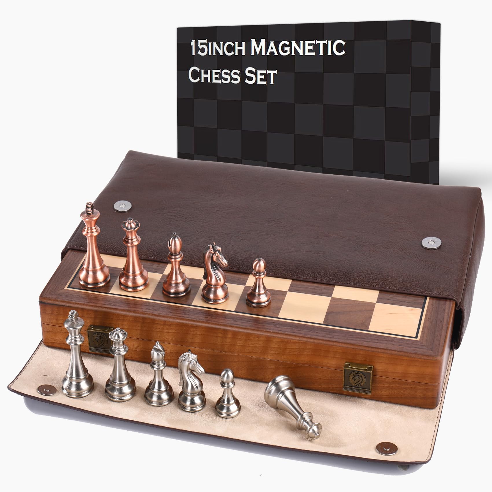 Photo 1 of 15 Inch Walnut Chess Board Set for Adults Kids Metal Chess, Folding Portable Travel Chess Game for Tournament Professional Beginner with Manual