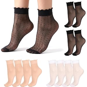 HJZHII 12 Pairs Women’s Sheer Ruffle Socks, Polka Dot Mesh Lace Crew Nylon Transparent Dress Socks