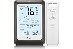 U UNNI Indoor Outdoor Thermometer Wireless Weather Station, Temperature Humidity Monitor Battery Powered Inside Outside Thermometers with 330ft Range Remote Sensor and Backlight Display（Metal Black）