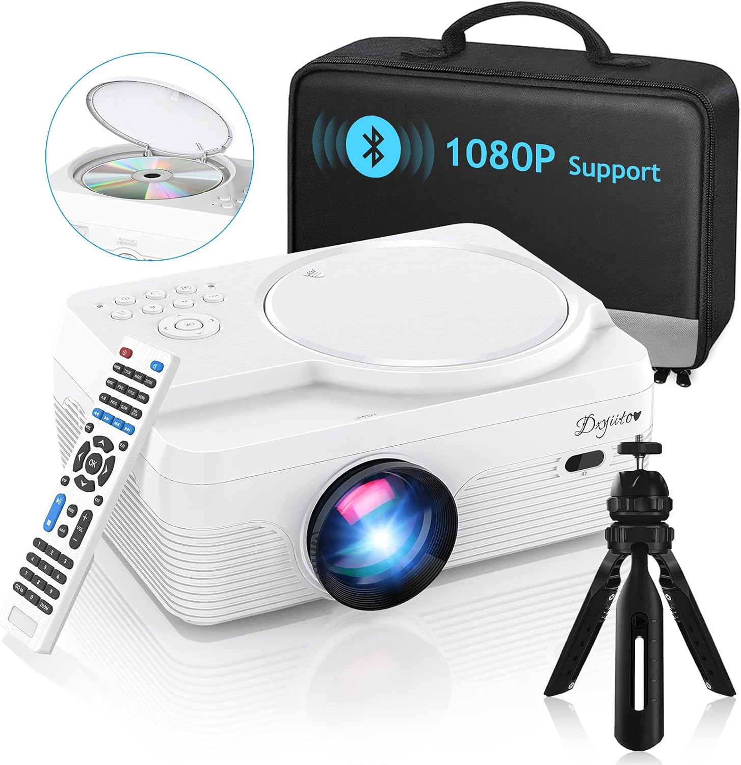 Bluetooth Projector Built in DVD Player, DXYIITOO Portable Mini Projector 5800 Lumens, 1080P Full HD Supported, Compatible with iOS/Android/HDMI/VGA/AV/USB/TF SD Card