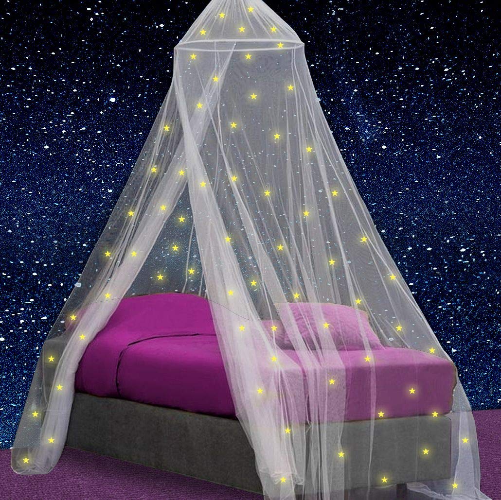 Photo 1 of UB-STORE Canopy for Girls Bed with Pre-Glued Glow in The Dark Stars - Princess Mosquito Net Room Decor - Kids & Baby Bedroom Tent with Galaxy Lights - 1 Opening Canopy Bed & Hanging Kit Included