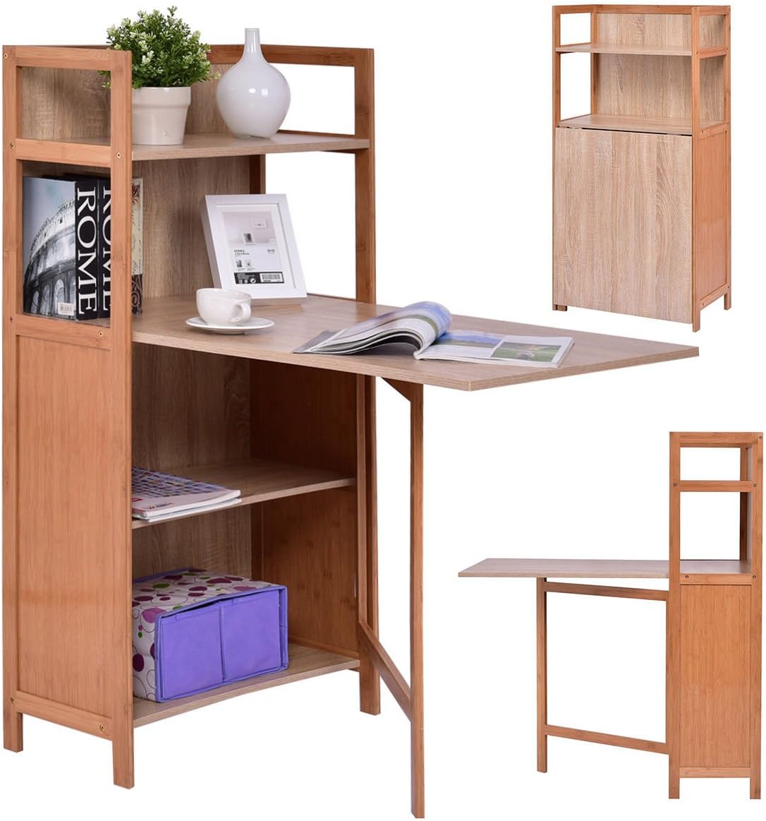 Amazon Com Tangkula Convertible Desk Wood Fold Out Cabinet Laptop Computer Desk With Shelf Kitchen Dining