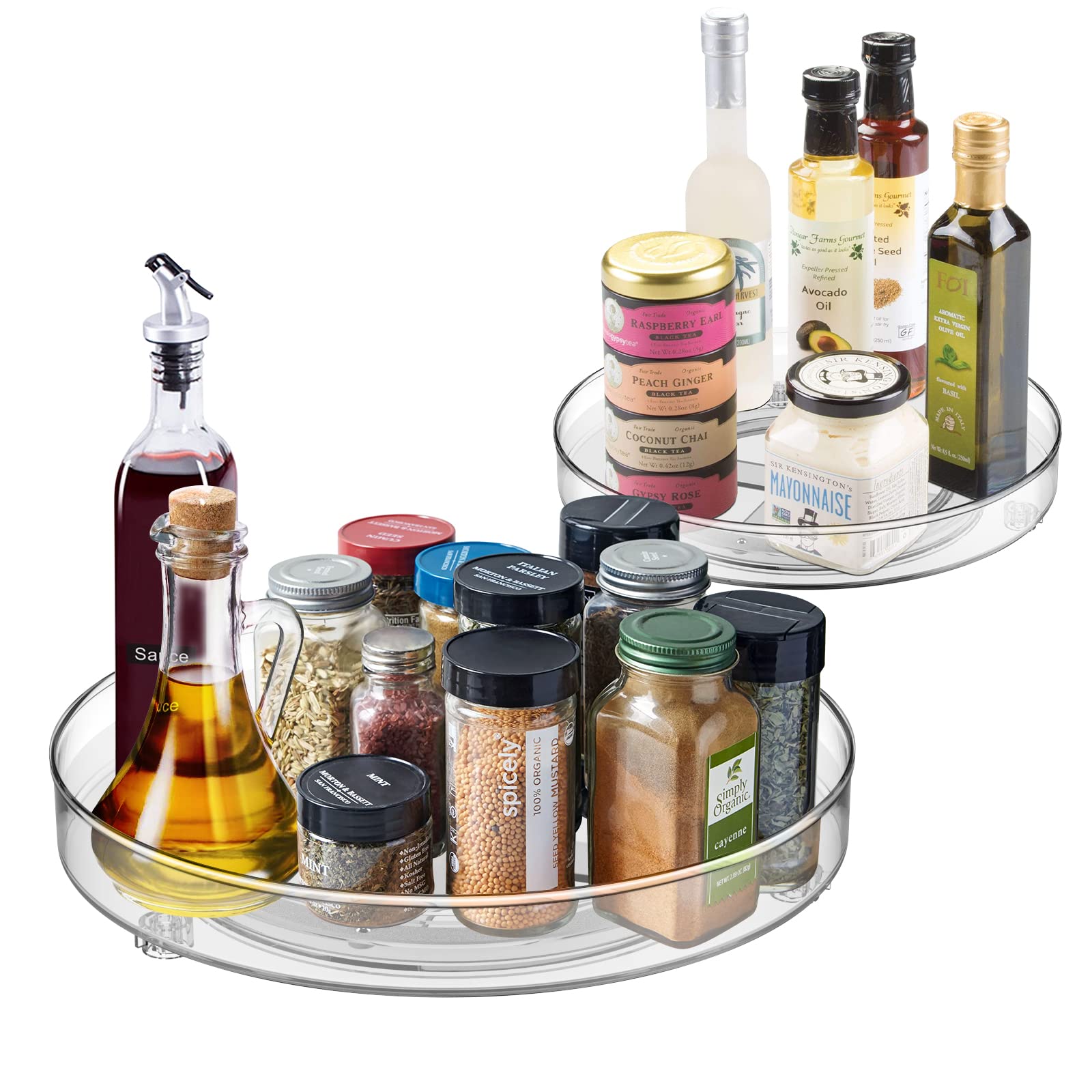 QIZENME Lazy Susan Turntable Cupboard Organiser, 2 Pcs Rotating Spice Rack Clear Cosmetic Makeup Organiser Spinning Kitchen Organiser for Cabinet, Pantry, Fridge, Countertop 23CM+27CM