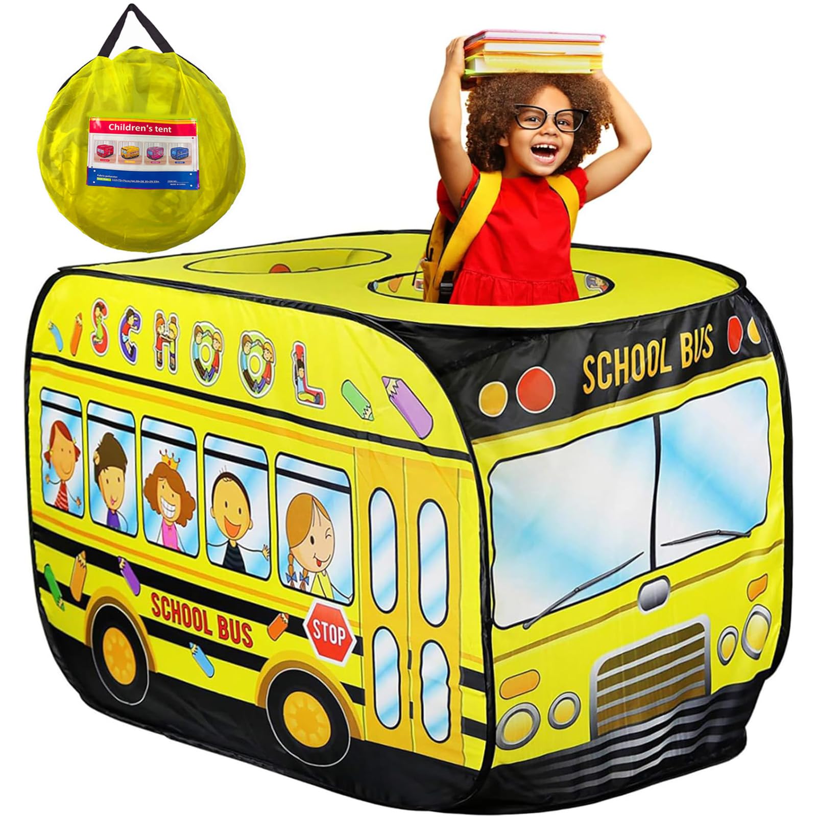 Pop Up Tent for Kids:School Bus Tent,Kids Pop Up Tent Indoor|Outdoor,Pop Up Play Tent for Kids,Without Installation,Suitable for 2-3 Children&for Ages 3+,School Bus Toy for Boys and Girls