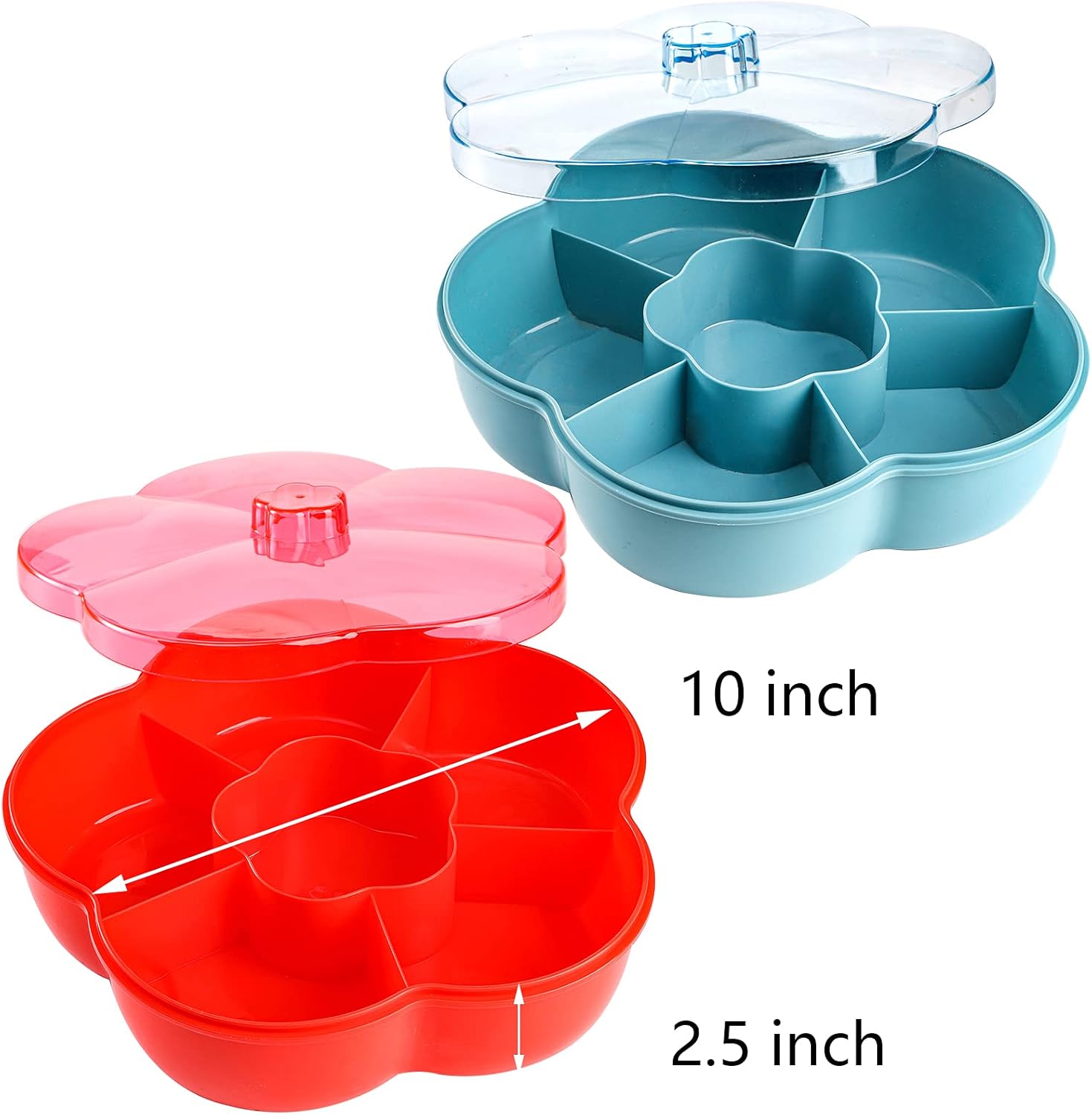Yarlung 2 Pack 10 Inch Candy Nut Serving Container with Lid, Plastic Snacks Bowl 6 Compartment Dried Fruit Plate Organizer, Appetizer Tray, Food Storage Dish Platter, Flower Shaped, Red & Blue: Kitchen & Dining