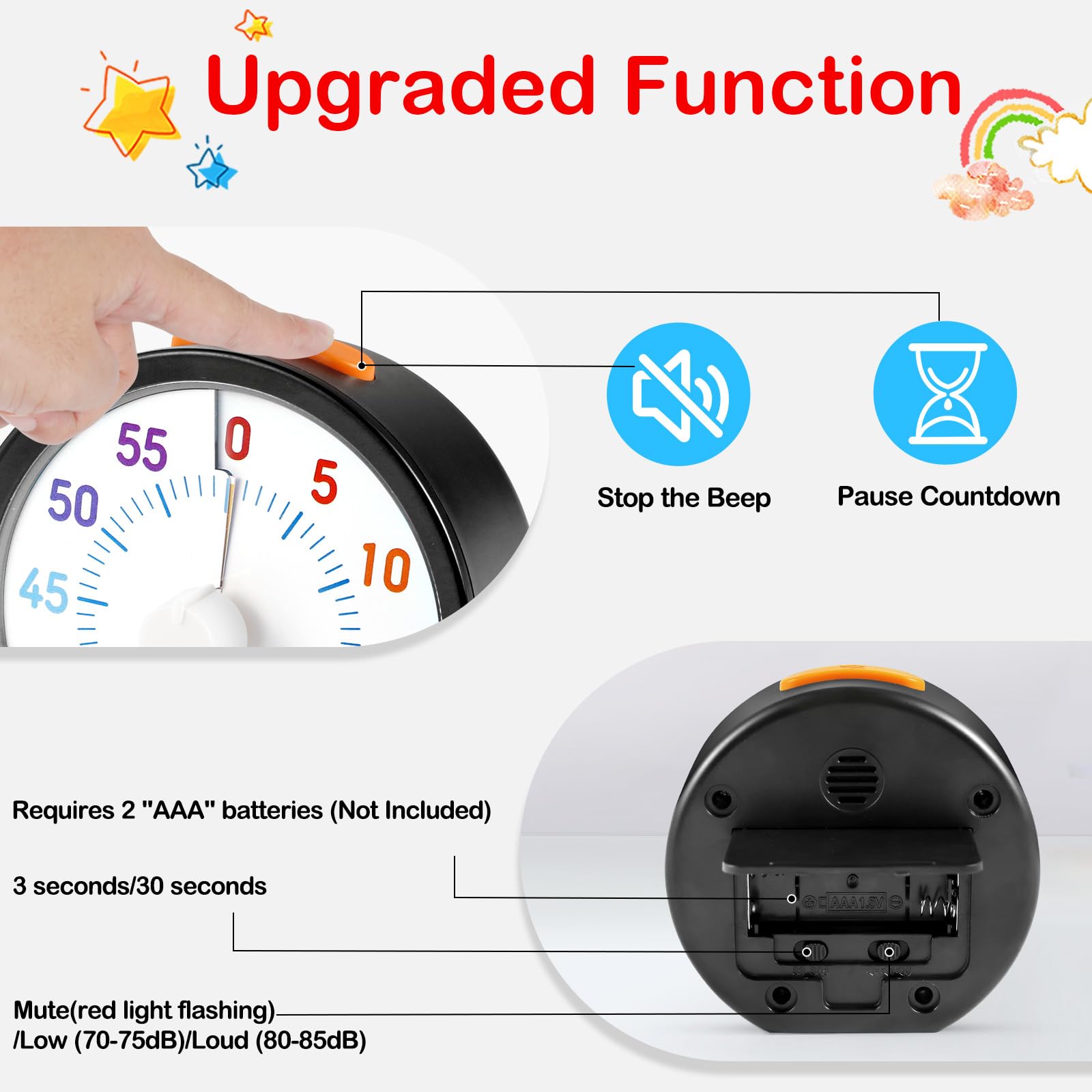 Secura 60-Minute Visual Timer for Kids, Classroom Countdown Timer with 'Rainbow' Pattern, Timer Management Tool for Kitchen, School, Office (Black & Sun)