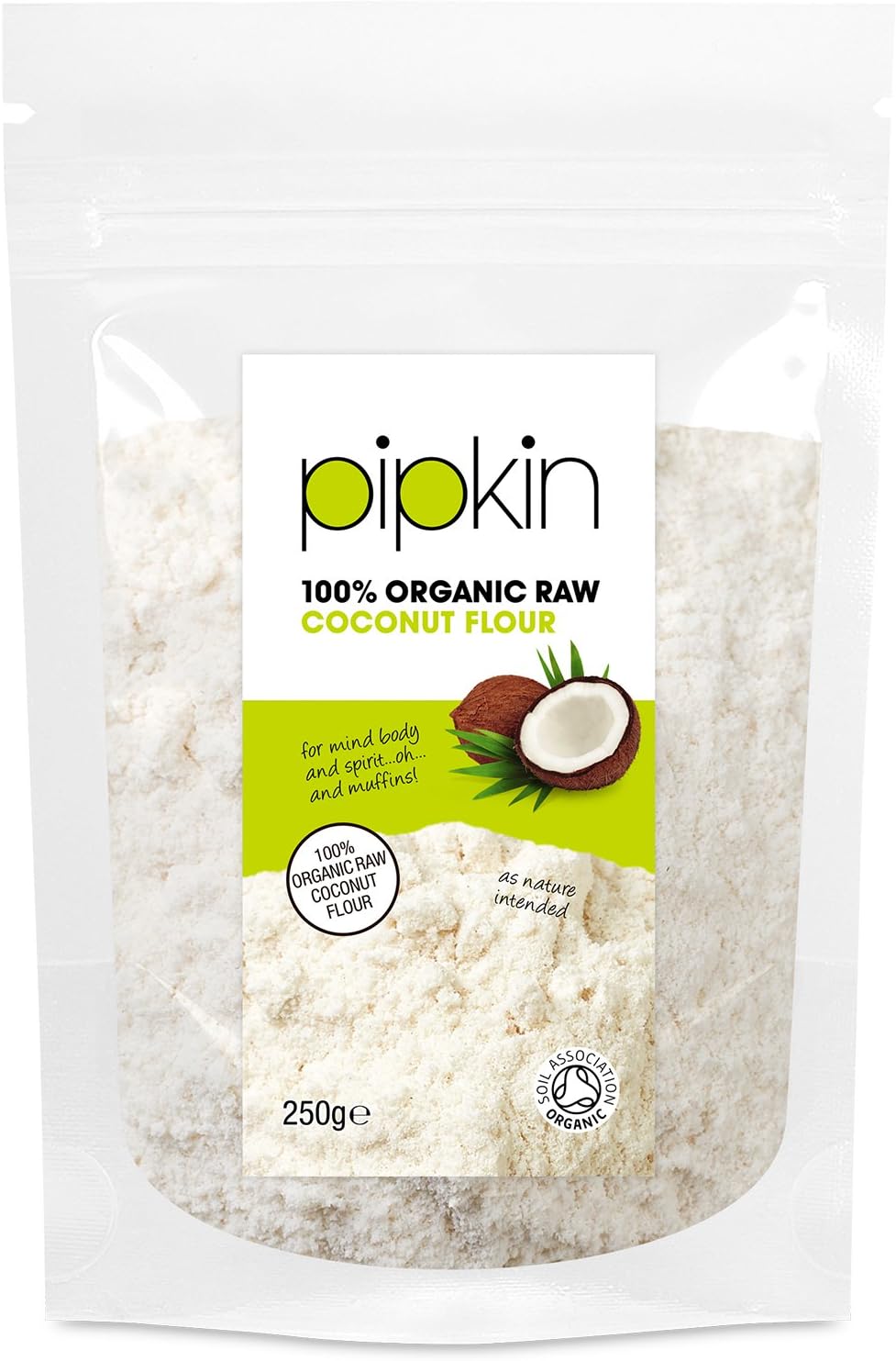 Pipkin 100% Organic Coconut Flour, Non-GMO, Raw Unrefined Superfood, High Fibre, Low Carb, Unbleached, Non GMO, Gluten & Grain Free Alternative Flour, Vegan, Vegetarian and Paleo Diet Friendly (250g)