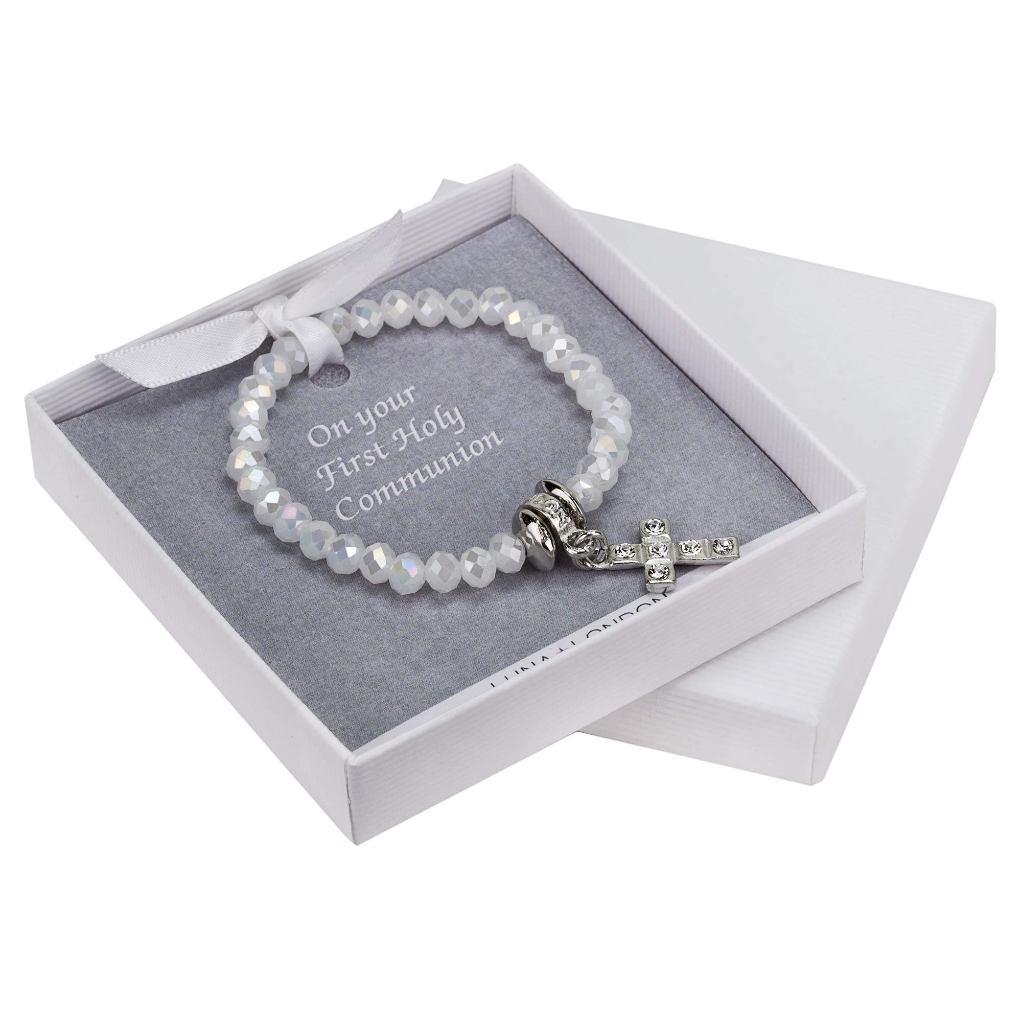 Metal Planet Ltd First Holy Communion Pearlescent Commemorative Bracelet Gift, Sparkly Cross Design in Smart White Box