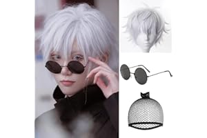 IMEYLE Gojo Wig (+1 Black Glasses) Short Grey White Wig for Jujutsu Kaisen Cosplay Light Purple Cosplay Wig for Men Short Grey Anime Cosplay Wig with Bangs Light Grey Synthetic Wig for Halloween Party