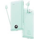 VRURC Portable Charger Built-in Cables and AC Wall Plug, USB C Power Bank 10000mAh, Travel Battery Portable Phone Charger Compact Lightweight External Battery Pack for Smart Phones, Tablets etc-Green