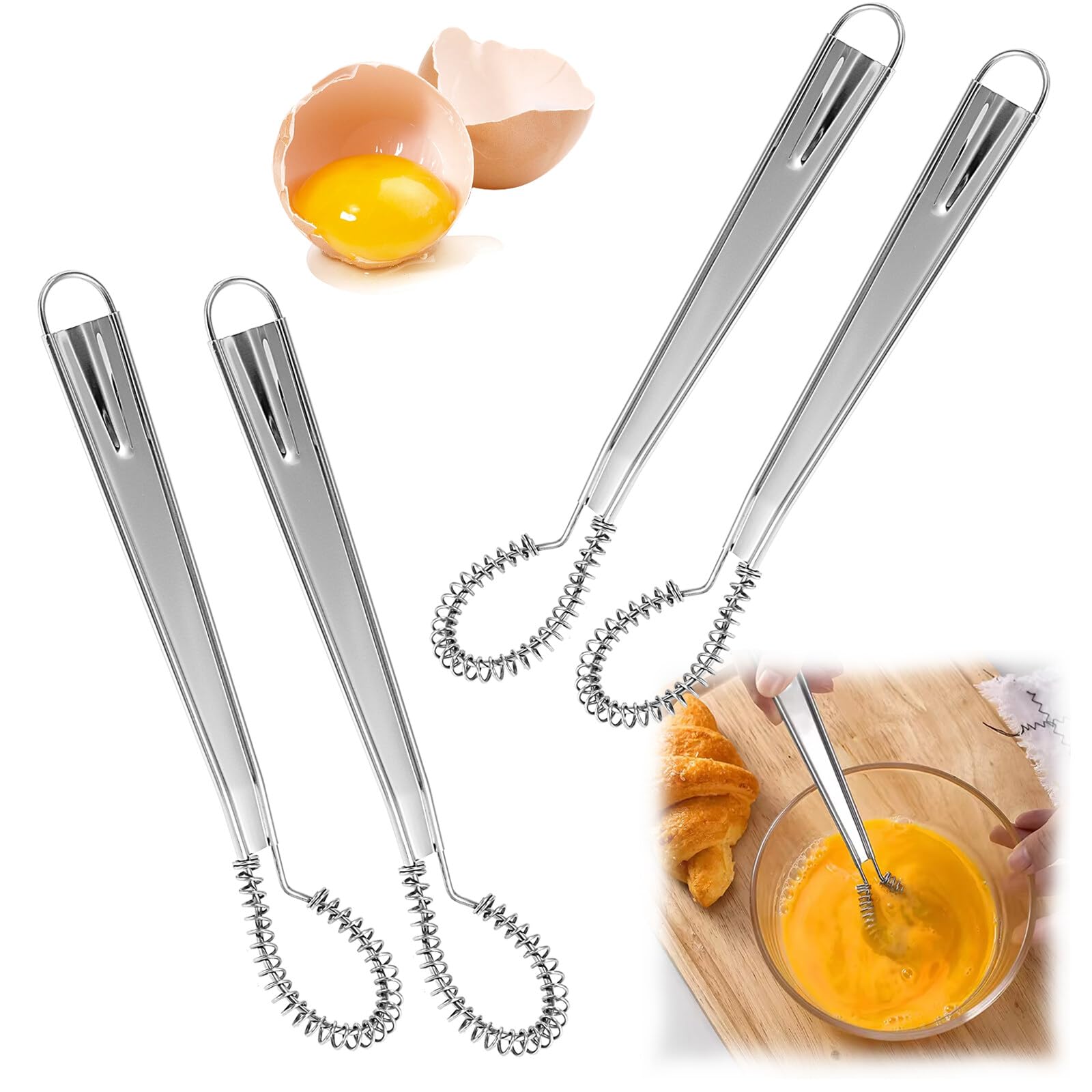QIUWORE 4PCS mini Whisk, Spring Coil Egg Whisk, Hand Whisk, Stainless Steel Small Whisk,Cream Churn,mini Whisk Hand Used for Baking Baked Goods